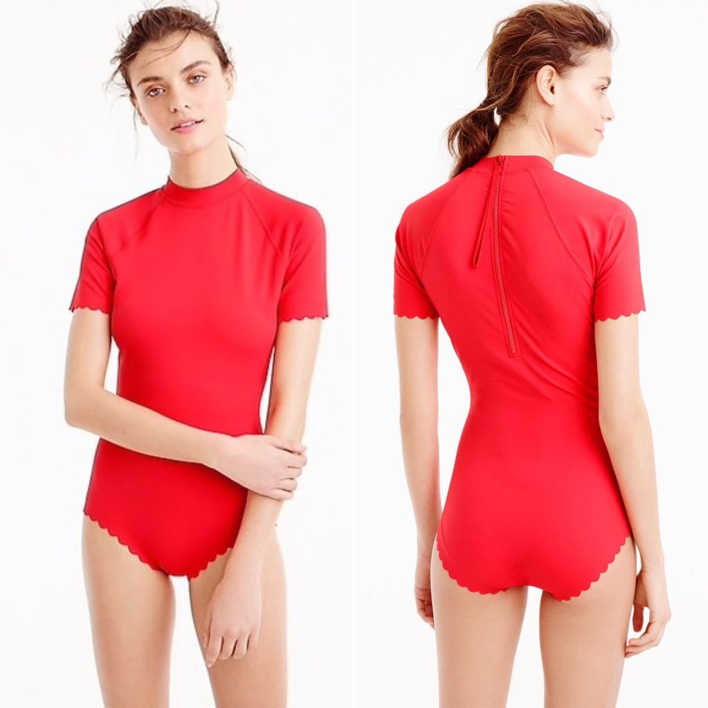 J. Crew Red Short Sleeve Swimsuit in Italian Matte